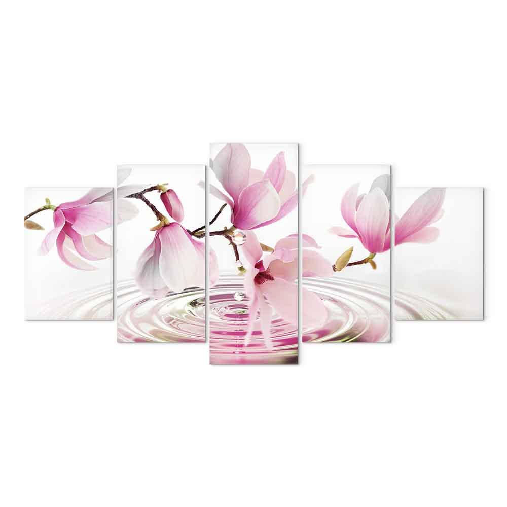 Lærredsbillede Magnolier over vand i 5 dele bred rosa - 100 x 50 cm - På italiensk lærred