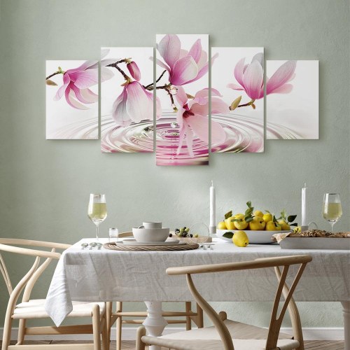Lærredsbillede Magnolier over vand i 5 dele bred rosa