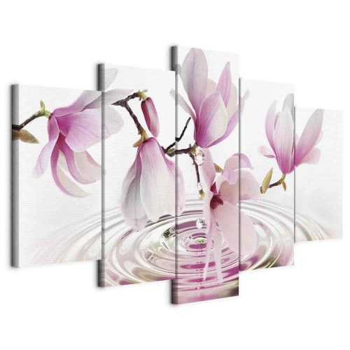 Lærredsbillede Magnolier over vand i 5 dele bred rosa