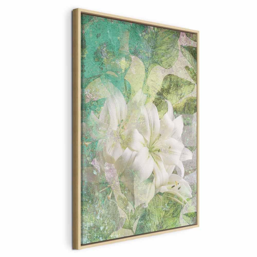 Lærredsbillede Green Breath 1-delt - vertikalt blomsterbillede med hvide liljer - 40 x 60 cm - I en naturlig træramme