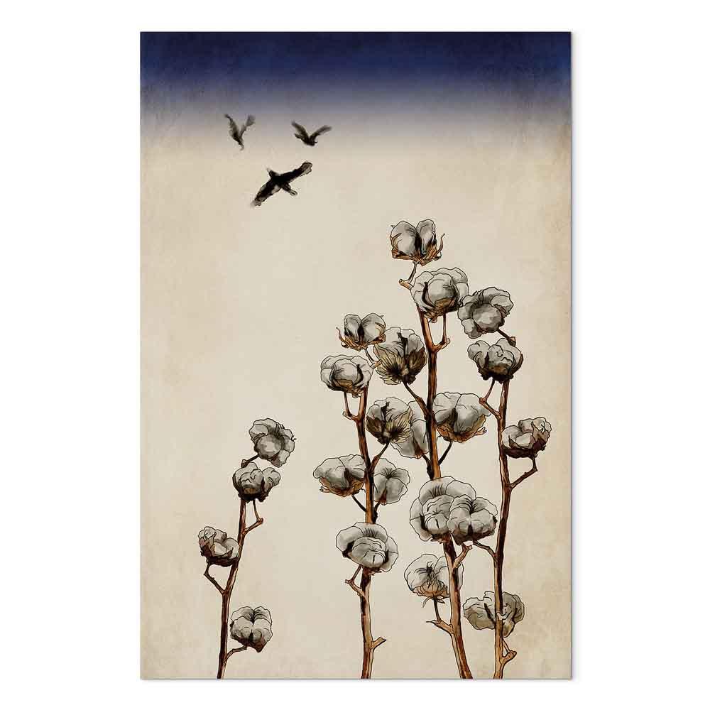 Lærredsbillede Bomuldsgrene med fugle - lodret blomstermotiv - 80 x 120 cm - Premium Print