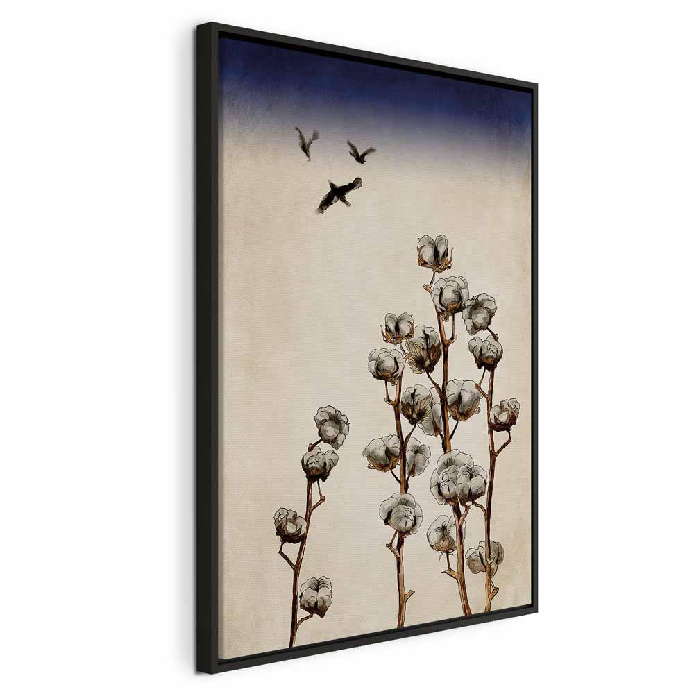 Lærredsbillede Bomuldsgrene med fugle - lodret blomstermotiv - 80 x 120 cm - I en sort træramme