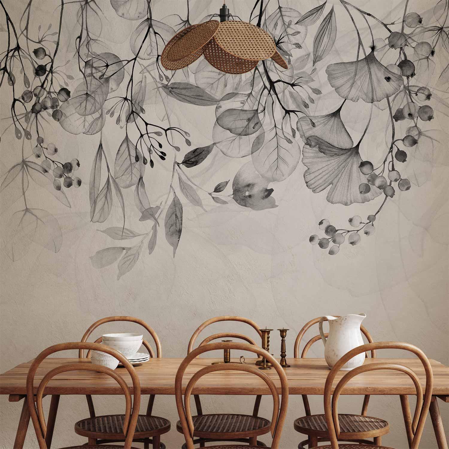 Fototapet Foggy Nature Grey - bladmotiv i grå nuancer til væg, fås i flere størrelser og varianter - 500 x 350 cm - Vandtæt