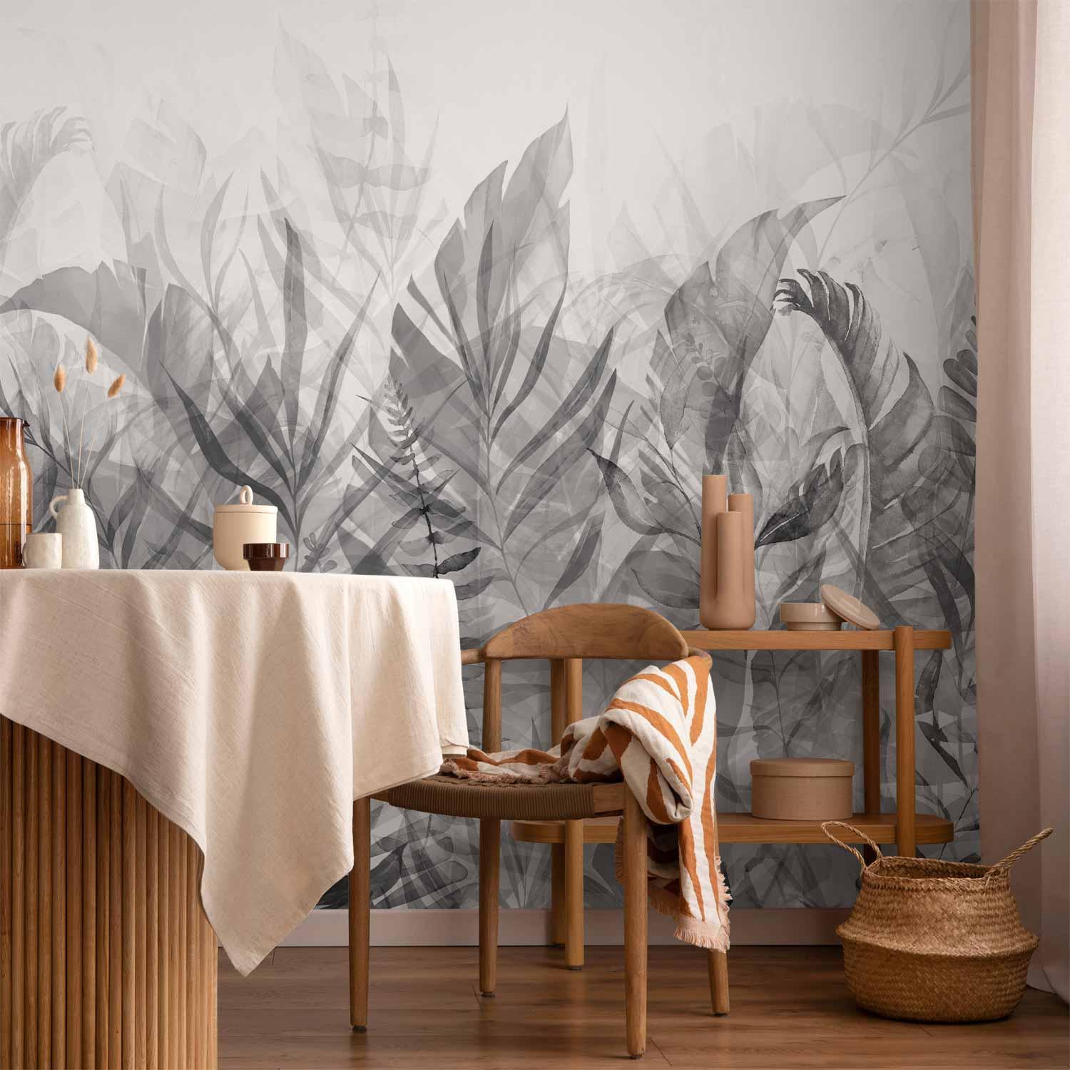 Fototapet Magic Grove i sort/hvid - vægdekoration med bladmotiv i flere størrelser og varianter - 500 x 350 cm - Vandtæt