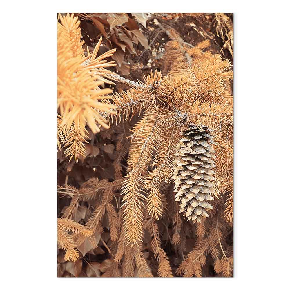 Lodret lærredsbillede Golden Cone - naturmotiv med grankogle og grene, 1 del - 80 x 120 cm - Akustisk