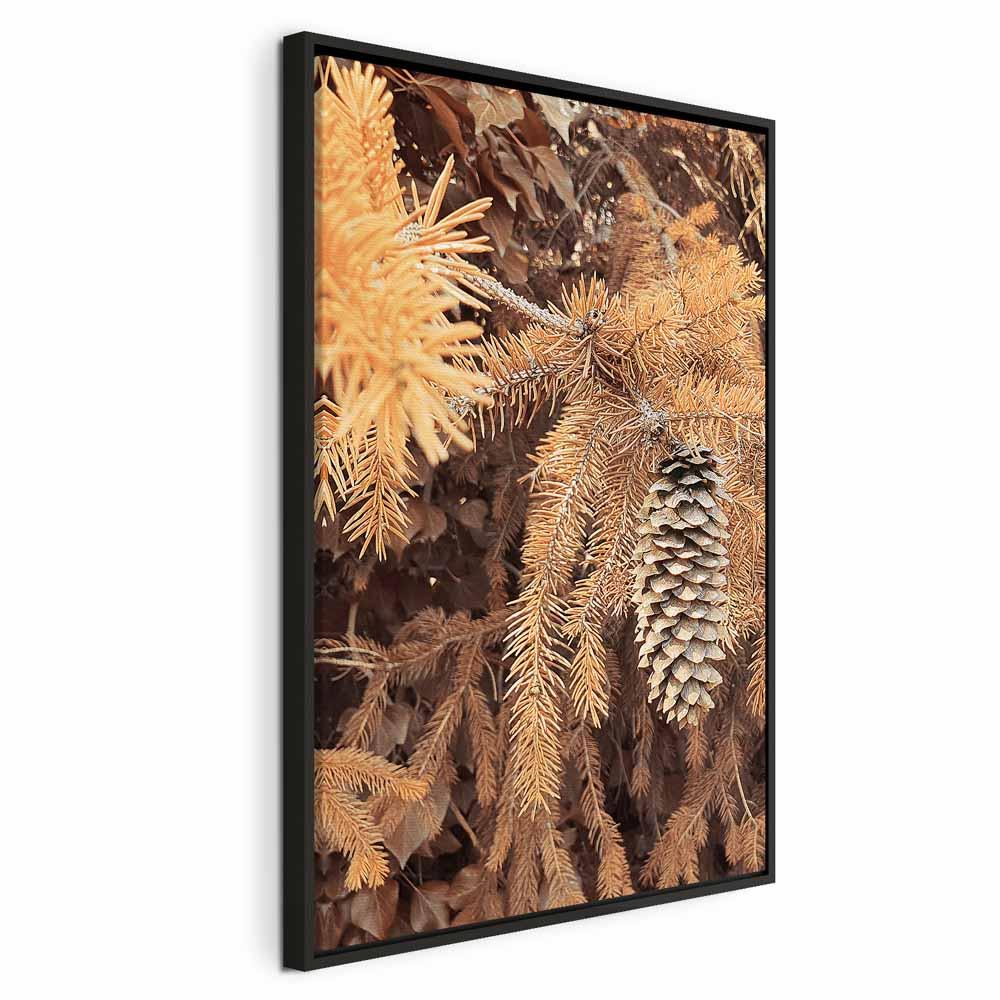 Lodret lærredsbillede Golden Cone - naturmotiv med grankogle og grene, 1 del - 80 x 120 cm - I en sort træramme