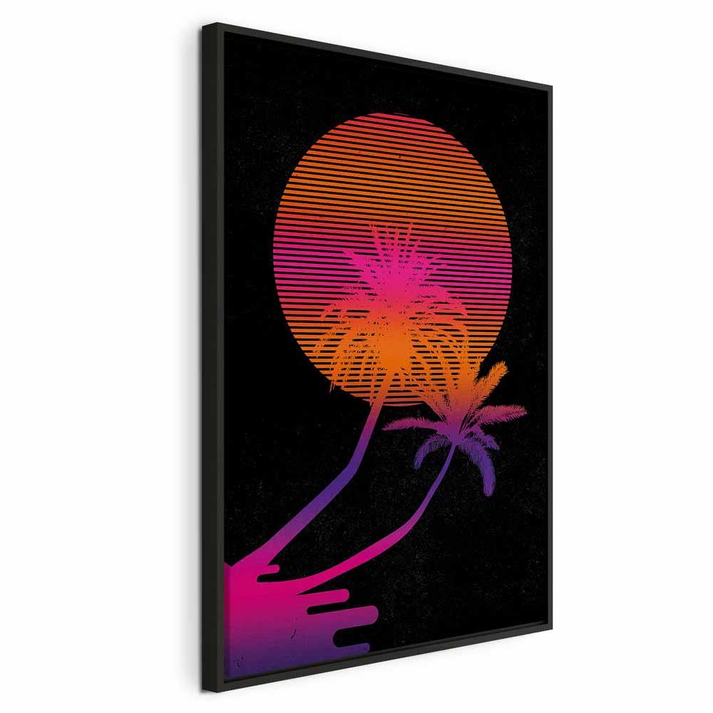 Lærredsbillede Palm at Sunrise - lodret vægbillede med palmer og sol, 1 del - 40 x 60 cm - I en sort træramme