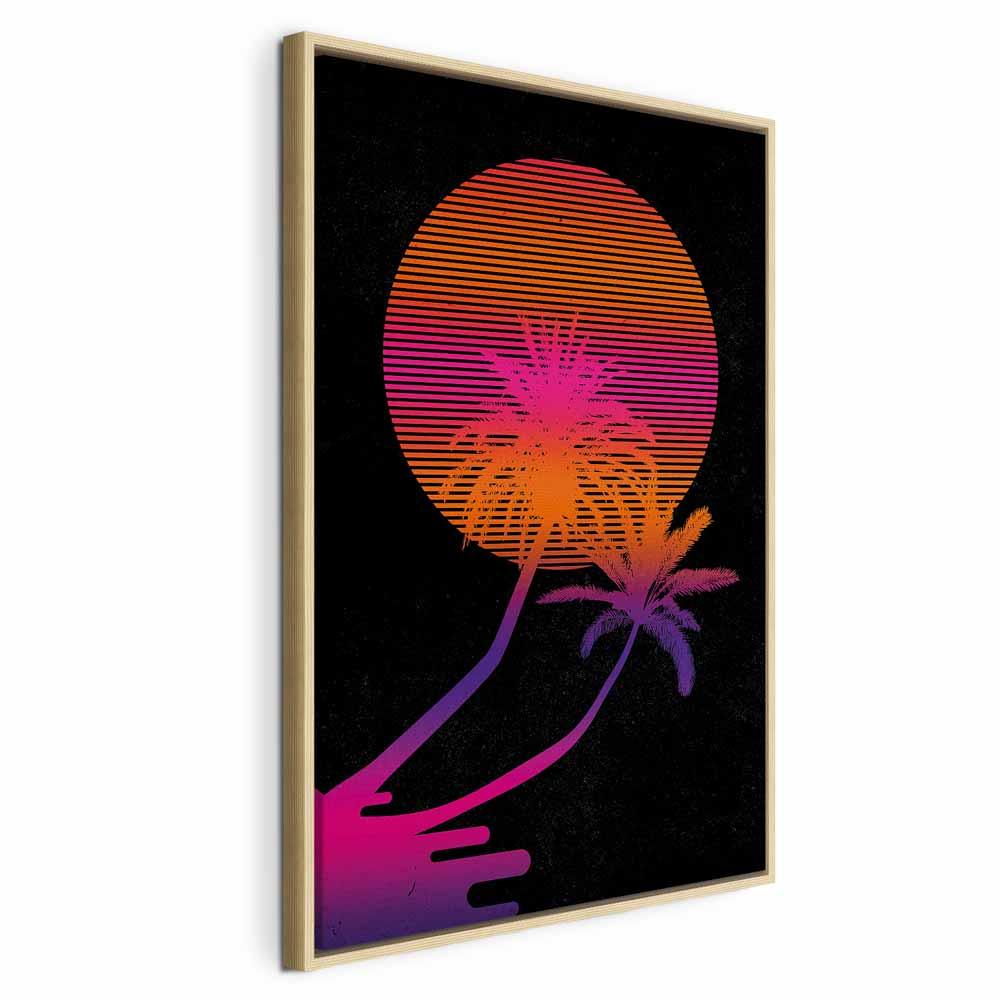 Lærredsbillede Palm at Sunrise - lodret vægbillede med palmer og sol, 1 del - 40 x 60 cm - I en naturlig træramme