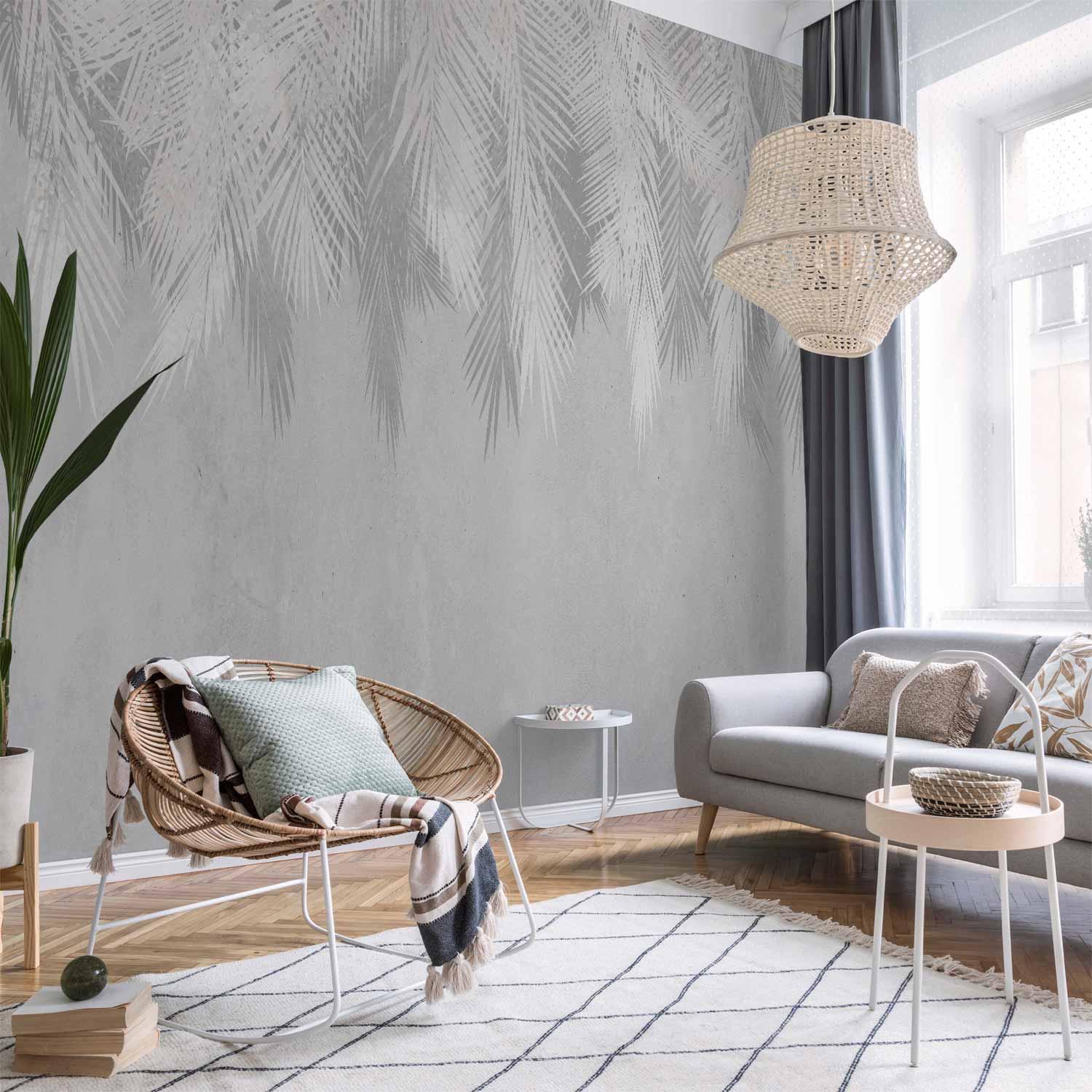 Fototapet med palmeblade i grå nuancer - Pale Palms til væg - 150 x 105 cm - Premium
