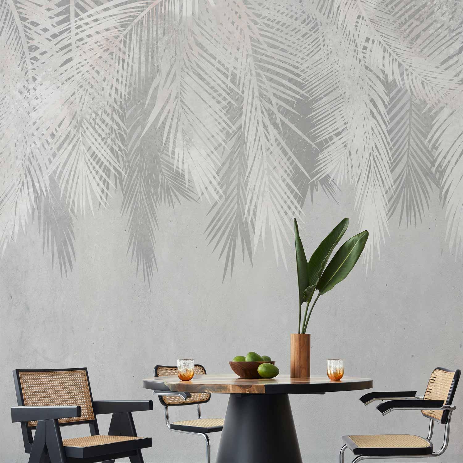 Fototapet med palmeblade i grå nuancer - Pale Palms til væg - 150 x 105 cm - Vandtæt