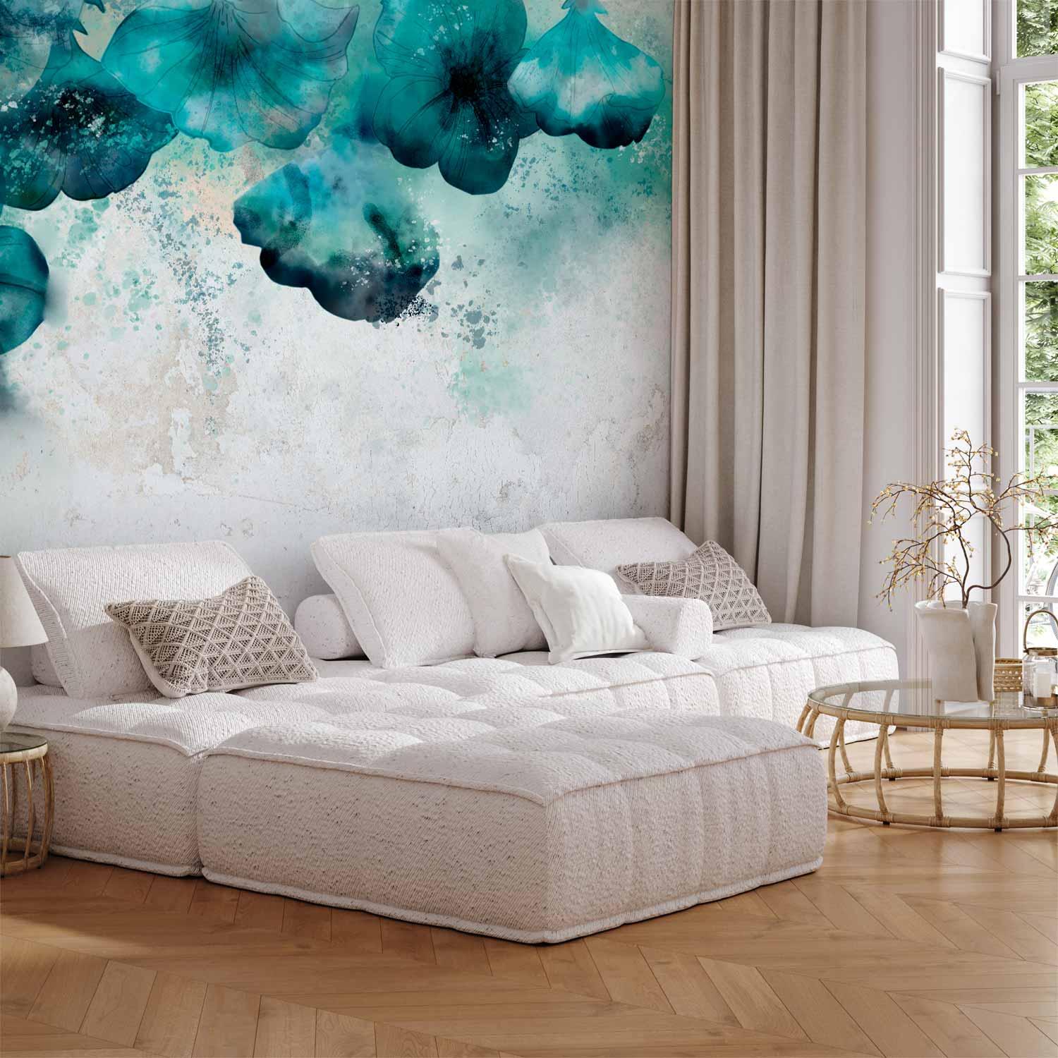 Fototapet med blå valmuer - vægdekoration i flere varianter - 98 x 70 cm - Selvklæbende
