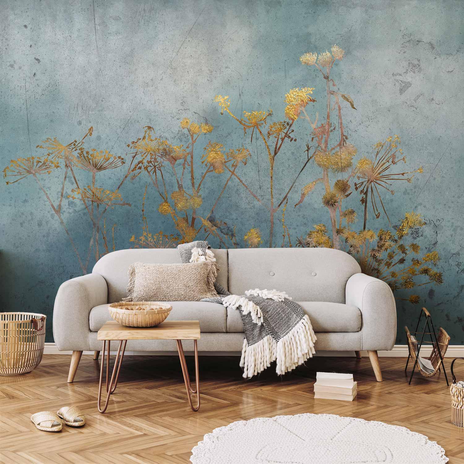 Fototapet Ved daggry - blomster fototapet til væg i blå og gyldne nuancer - 500 x 350 cm - Standard