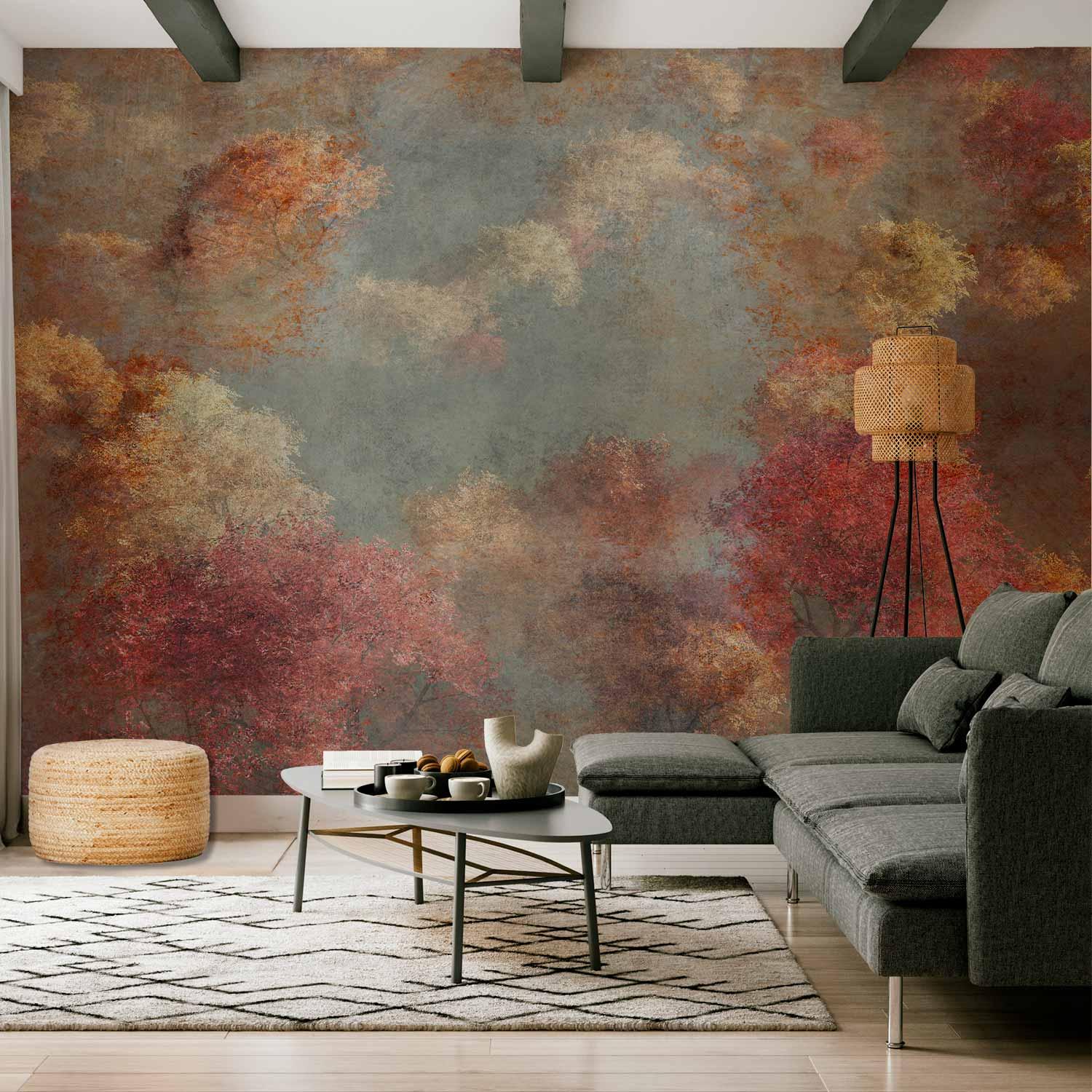 Fototapet Efterårsnatur med Træer i Retro Malerstil - 500 x 350 cm - Premium