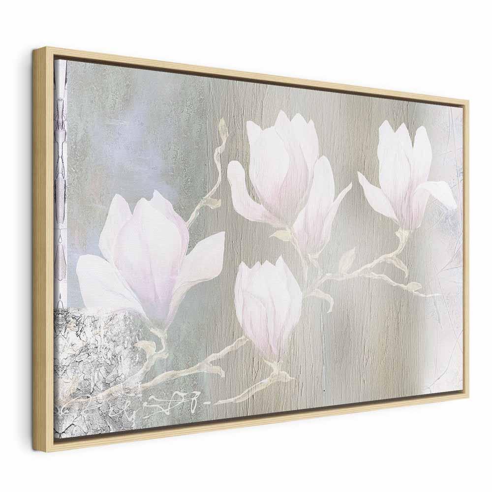 Billede på lærred - Hvide magnoliaer i bredt format - 60 x 40 cm - I en naturlig træramme