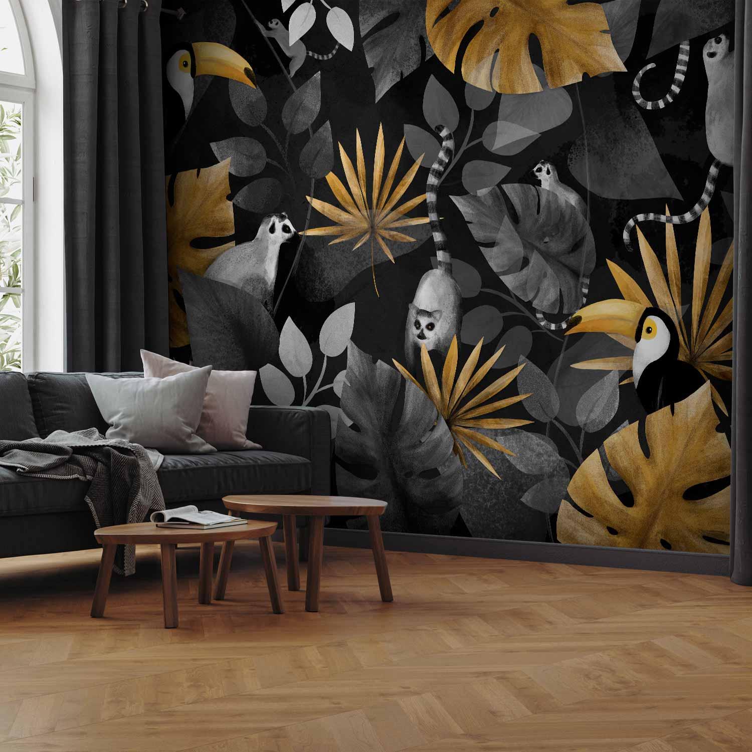 Fototapet Glade lemurer med tropiske blade - 100 x 70 cm - Standard