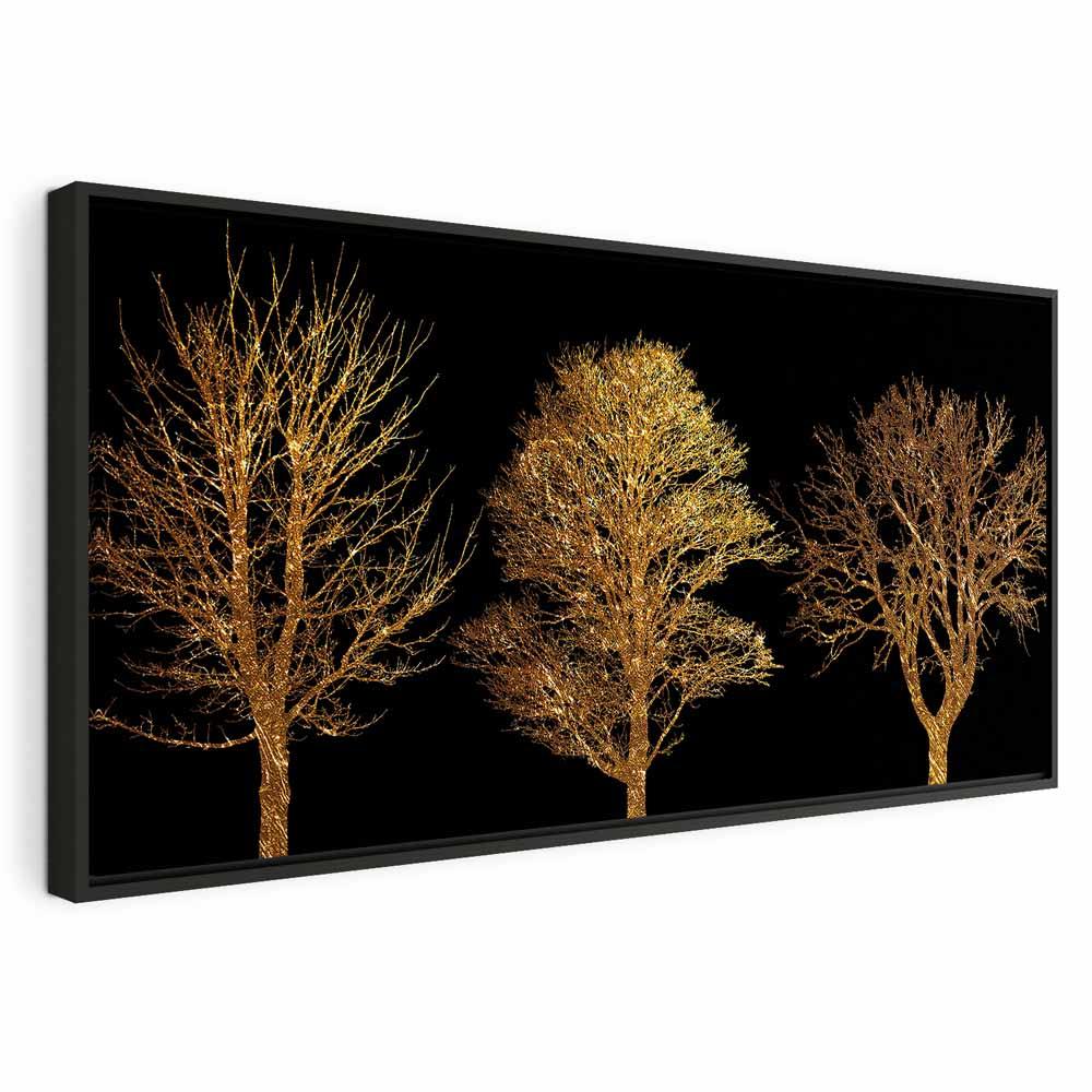 Lærredsbillede Golden Forest bredformat med træer - 120 x 60 cm - I en sort træramme