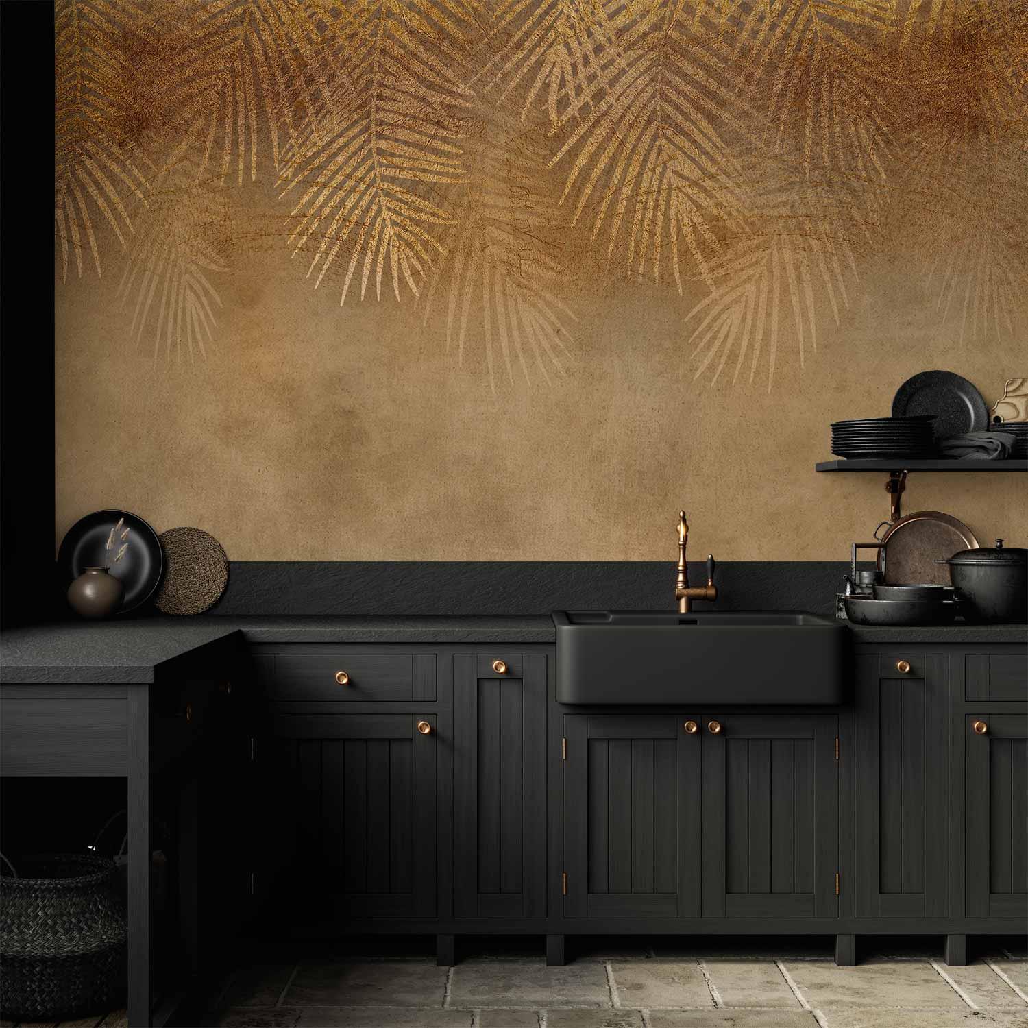 Fototapet med abstrakte blade i beige og guld - 400 x 280 cm - Vandtæt