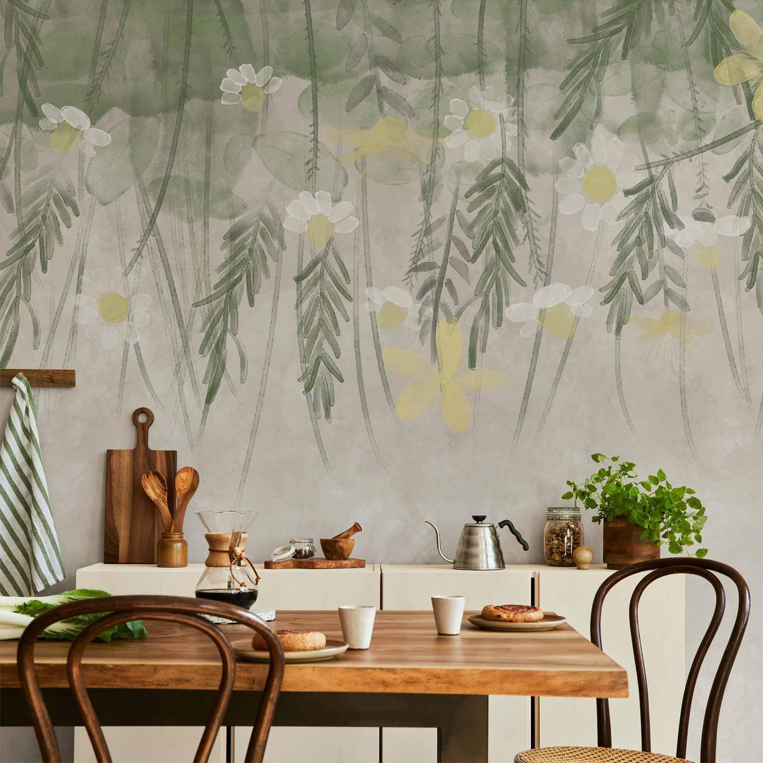 Fototapet Home Herbarium med diskret blomstermotiv i akvarelstil - 500 x 350 cm - Vandtæt