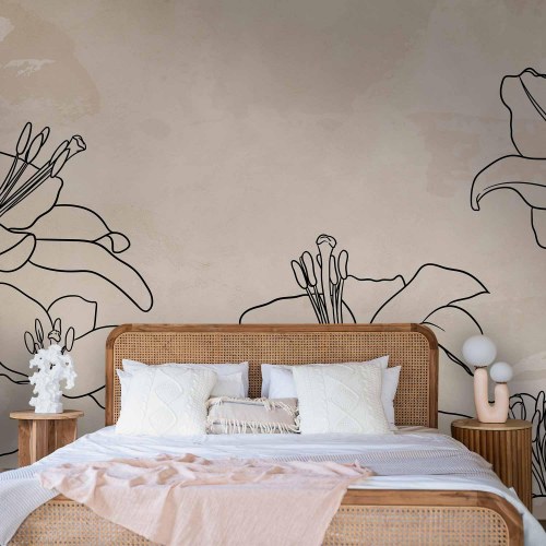 Fototapet Skitse af natur - minimalistisk lineart med liljeblomster på beige baggrund
