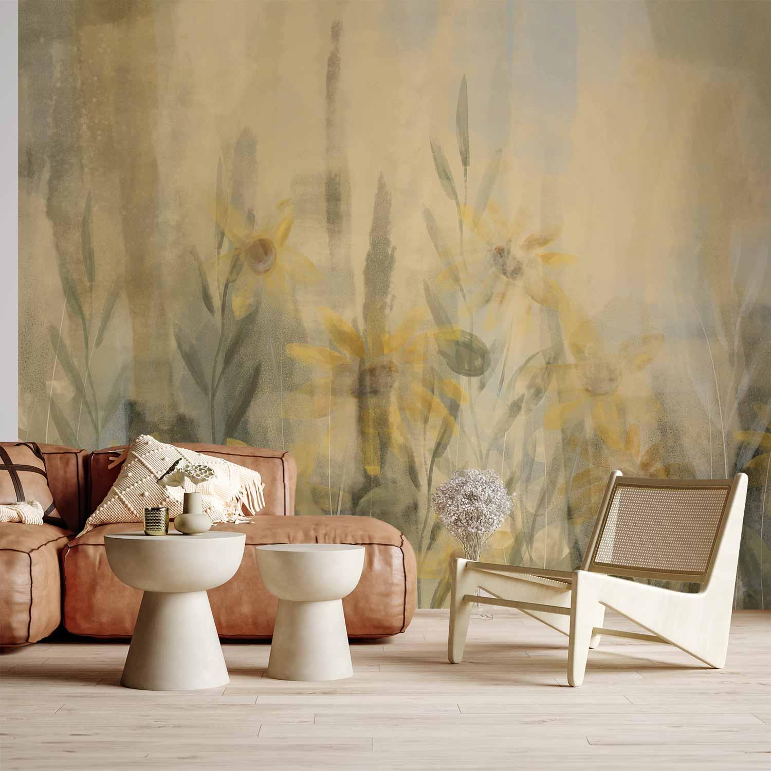 Fototapet A touch of summer med blomstermotiv og eng med gule blomster og græsser - 100 x 70 cm - Standard