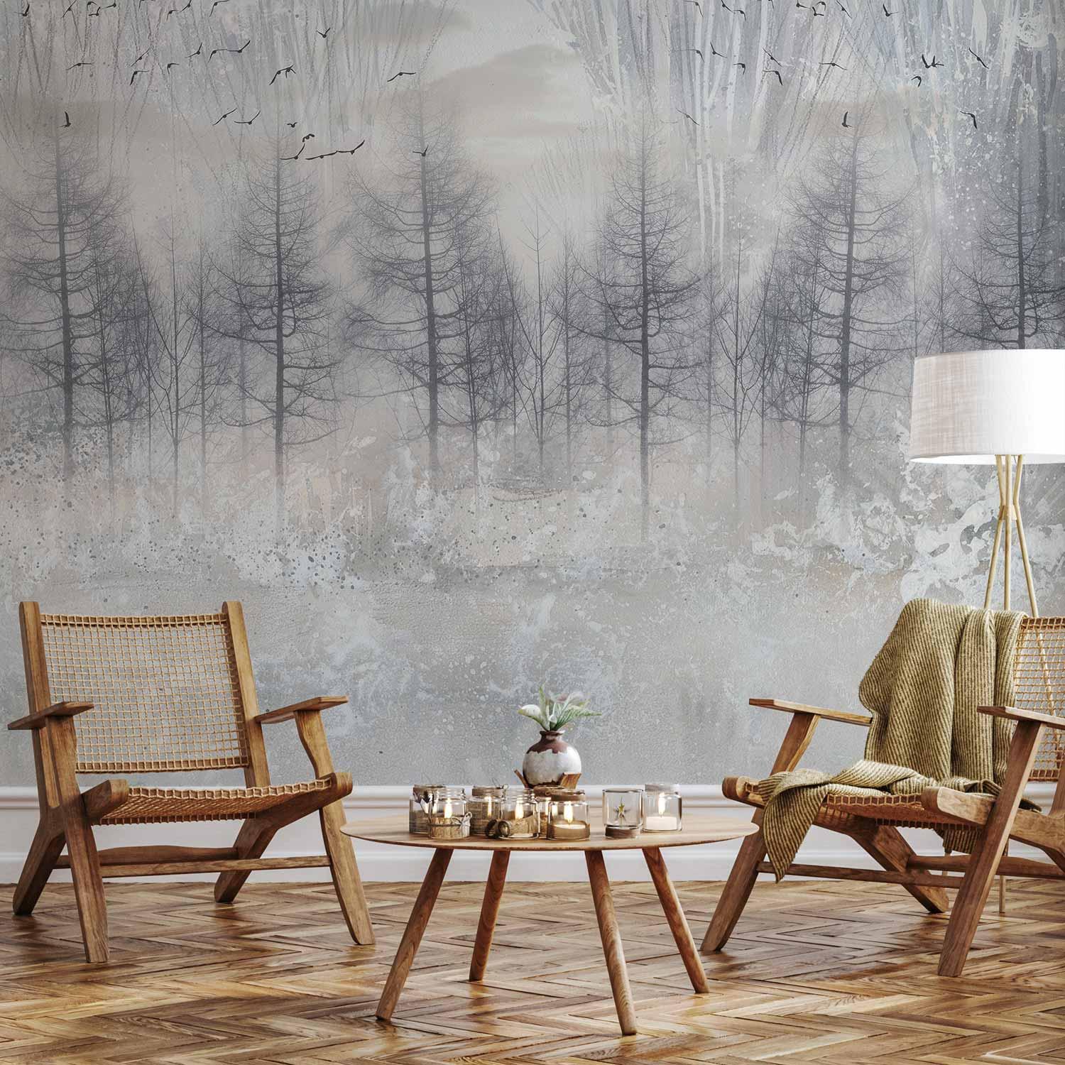 Fototapet Kold Vinter - vægtapet med skovmotiv og træer i grå vintertoner - 500 x 350 cm - Premium