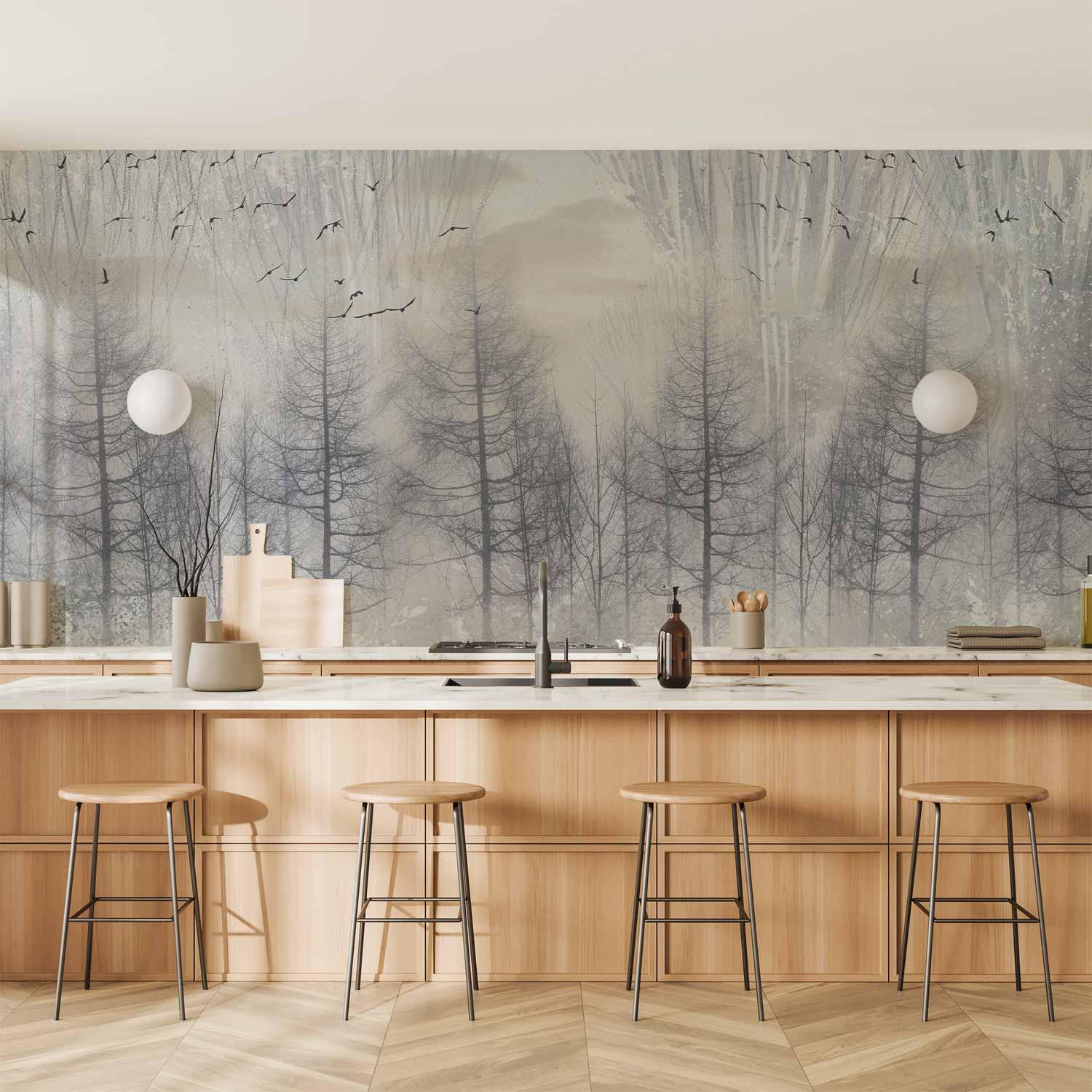 Fototapet Kold Vinter - vægtapet med skovmotiv og træer i grå vintertoner - 500 x 350 cm - Vandtæt
