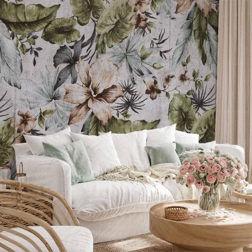 Fototapet i retrostil med junglemotiv, lyse blade og blomster