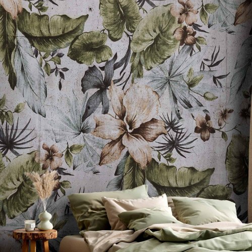 Fototapet i retrostil med junglemotiv, lyse blade og blomster