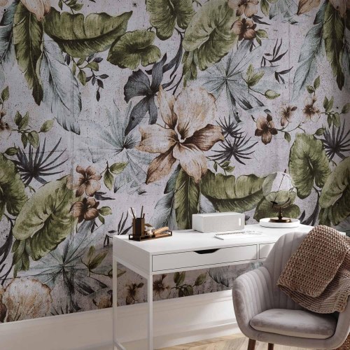 Fototapet i retrostil med junglemotiv, lyse blade og blomster