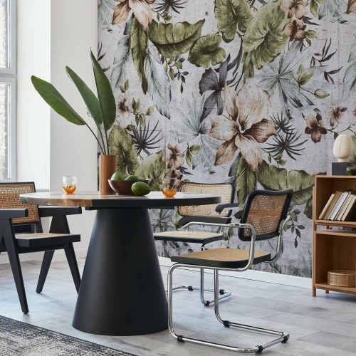 Fototapet i retrostil med junglemotiv, lyse blade og blomster