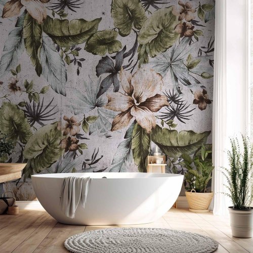 Fototapet i retrostil med junglemotiv, lyse blade og blomster