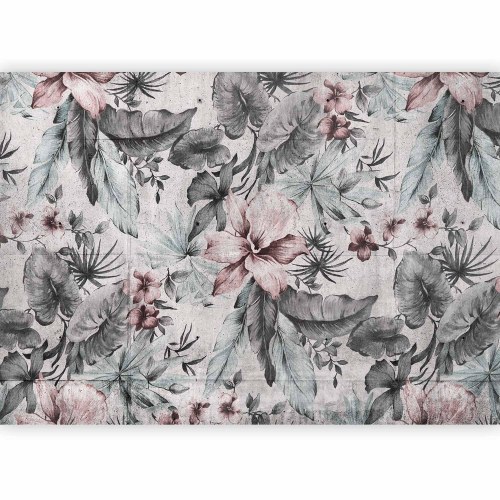 Fototapet med blade og blomster i retrostil - grå nuancer