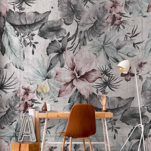Fototapet med blade og blomster i retrostil - grå nuancer