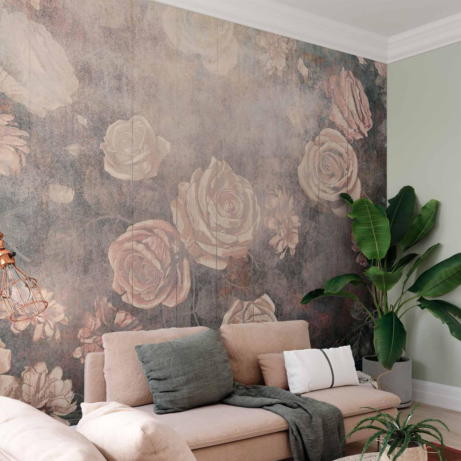Fototapet Misty Nature med orange blomster på tekstureret baggrund - 400 x 280 cm - Standard