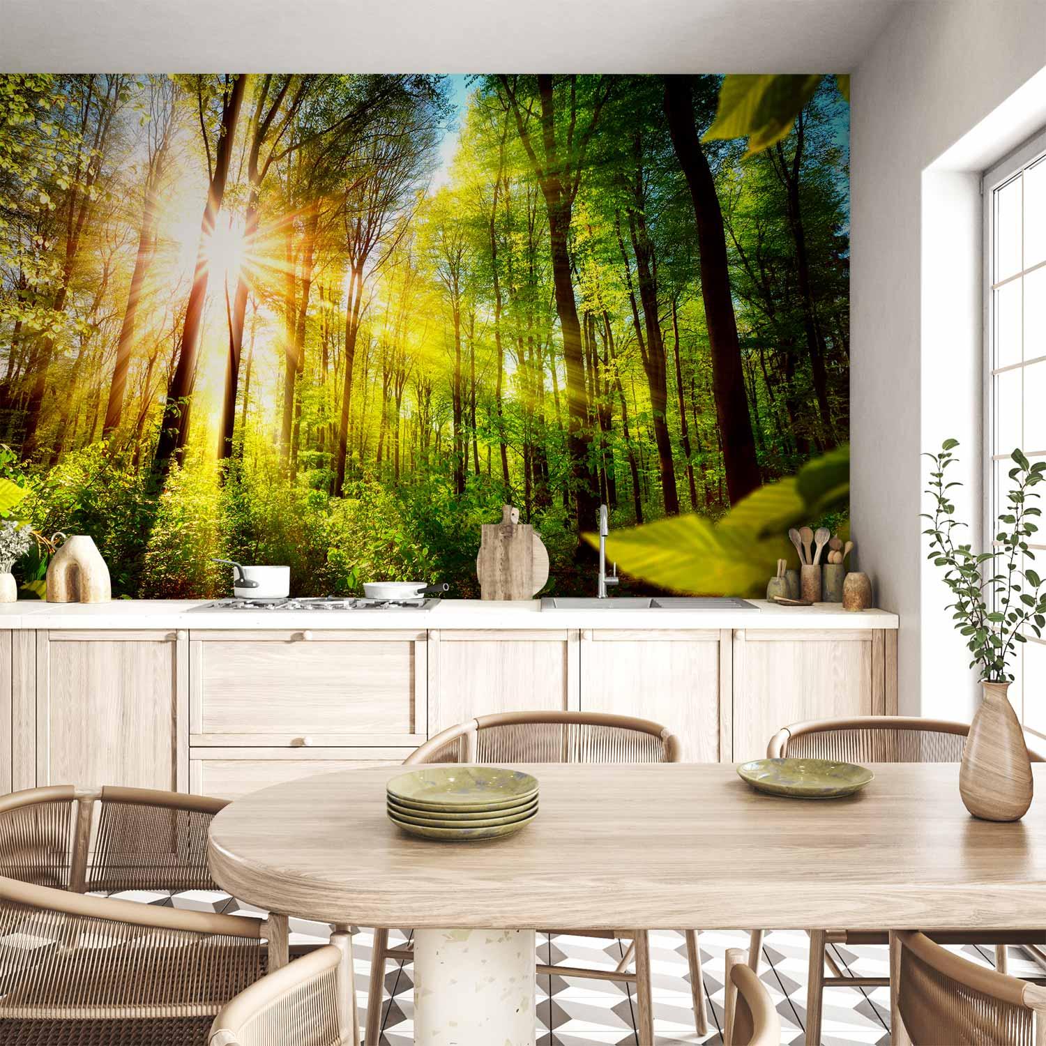 Fototapet Skovgemmested med sollys - 400 x 280 cm - Vandtæt