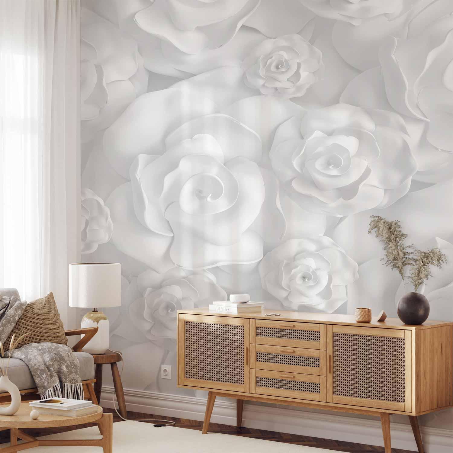 Fototapet med gipsblomster - 3D blomster - 147 x 105 cm - Selvklæbende