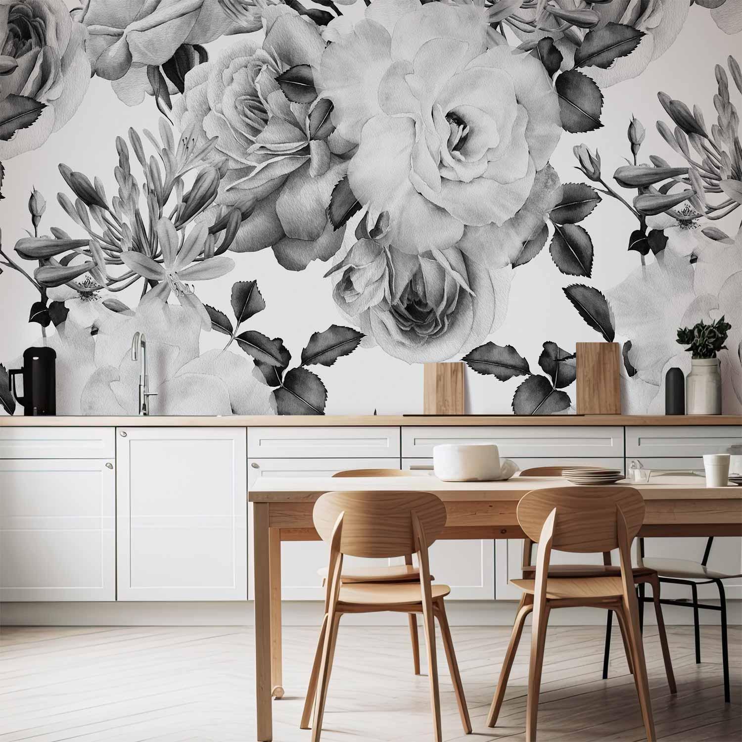 Fototapet Sentimental Garden i sort-hvid med blomstermotiv - 300 x 210 cm - Vandtæt