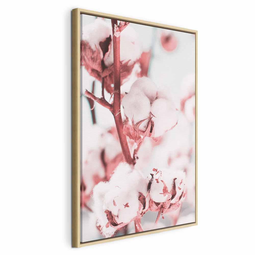 Billede på lærred - Blomstrende bomuld lodret vægdekoration - 80 x 120 cm - I en naturlig træramme