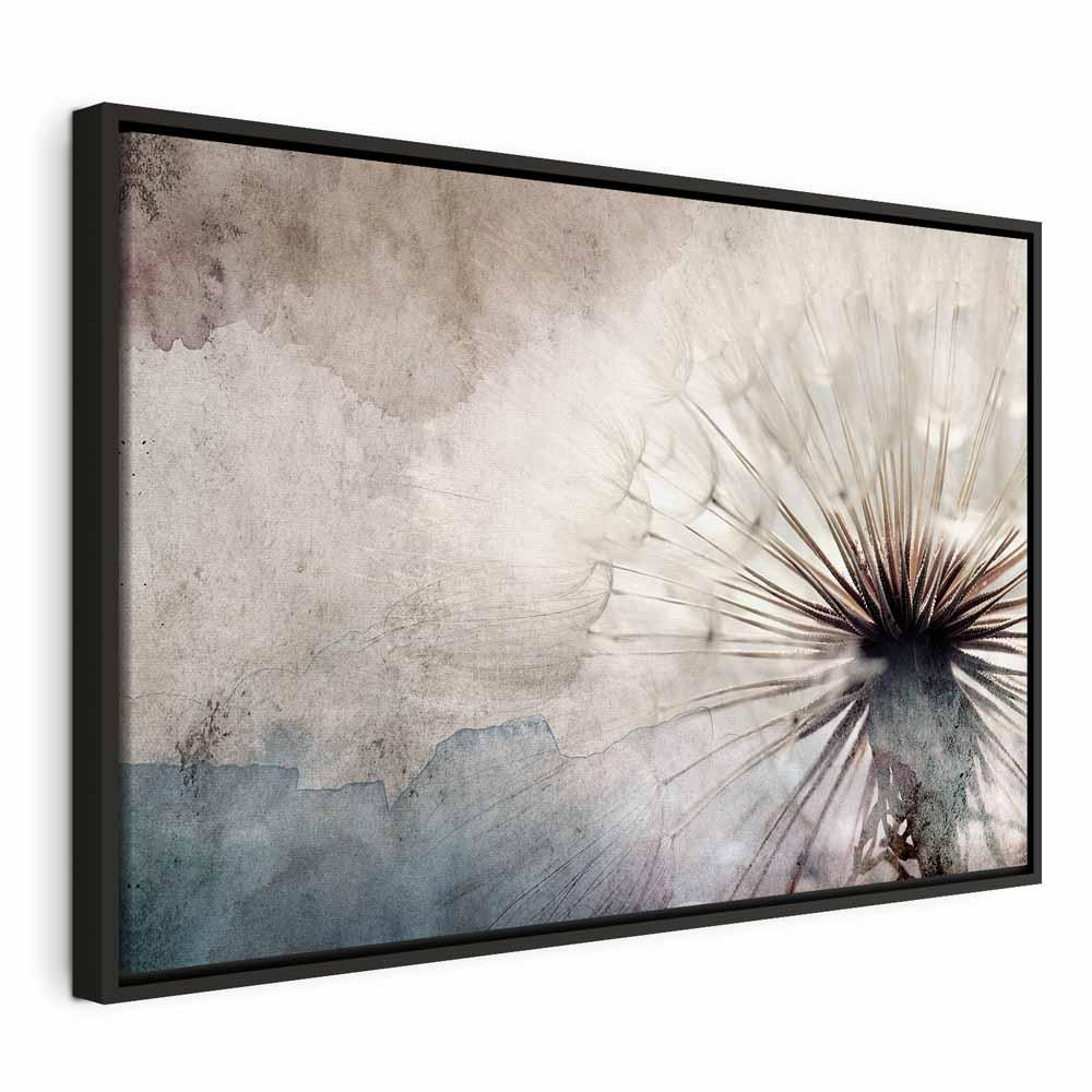 Billede på lærred - Mælkebøtter i skyerne, bredt blomsterbillede til væg - 120 x 80 cm - I en sort træramme