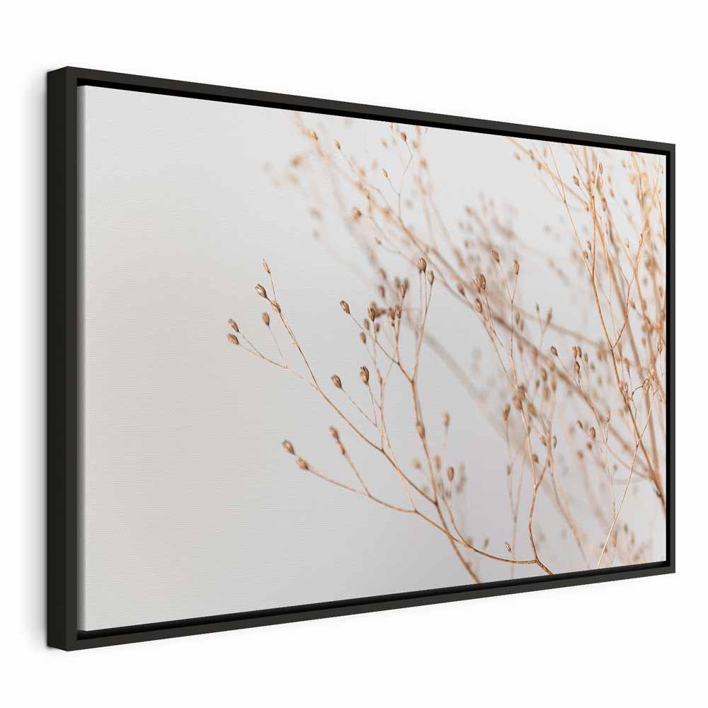 Billede på lærred - Minimalistisk grenmotiv i bredt format, 1 del vægdekoration - 120 x 80 cm - I en sort træramme
