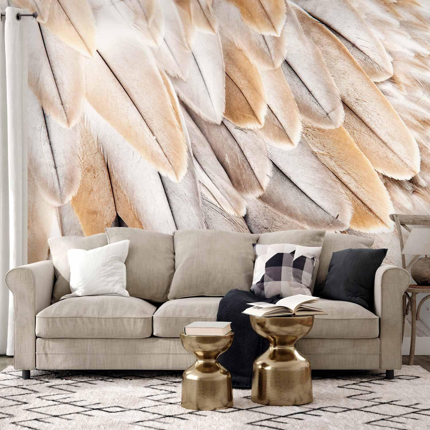 Fototapet med naerbillede af fuglevinger i beige nuancer - 450 x 315 cm - Standard