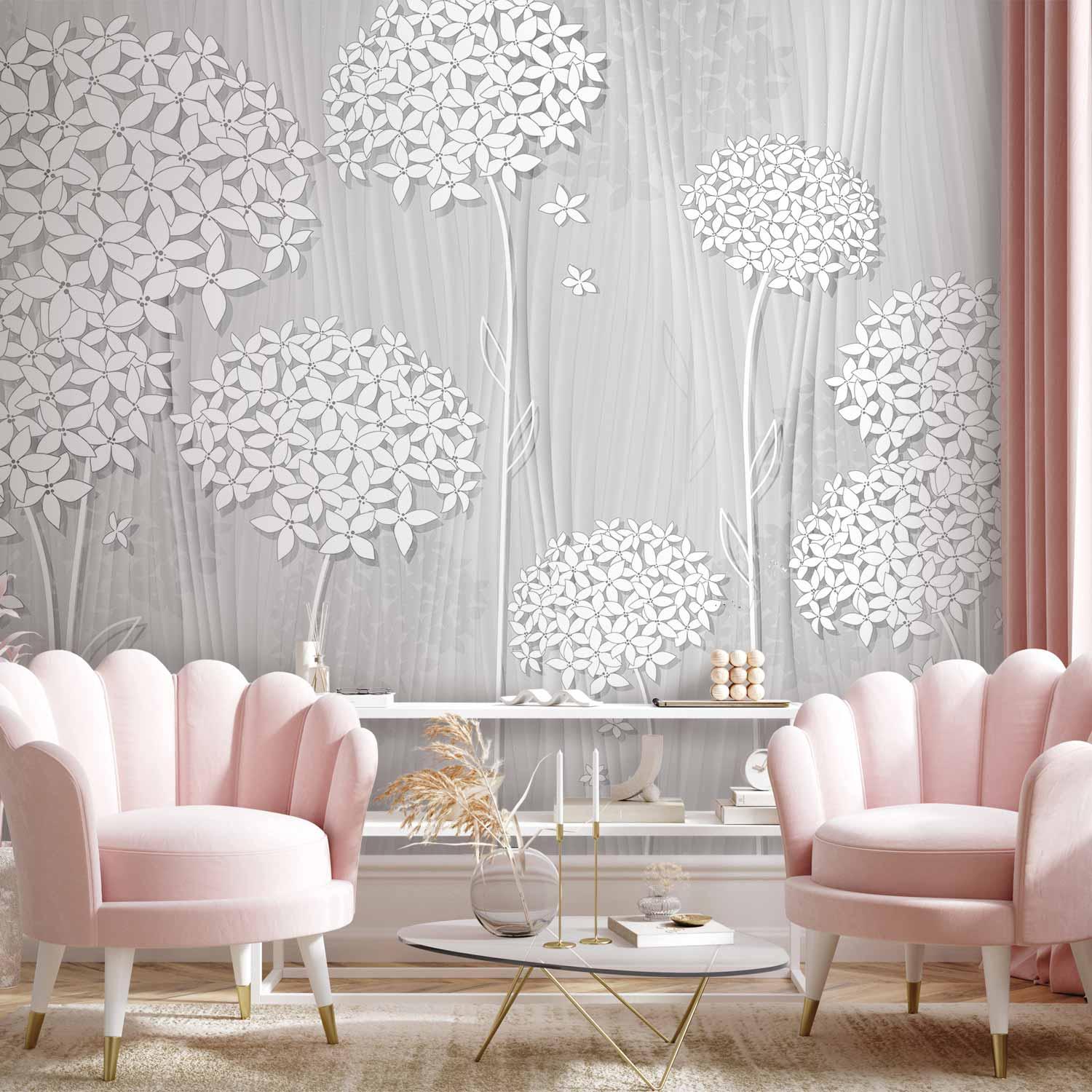 Fototapet Delikat Skygge med blomster i grå nuancer - 147 x 105 cm - Selvklæbende