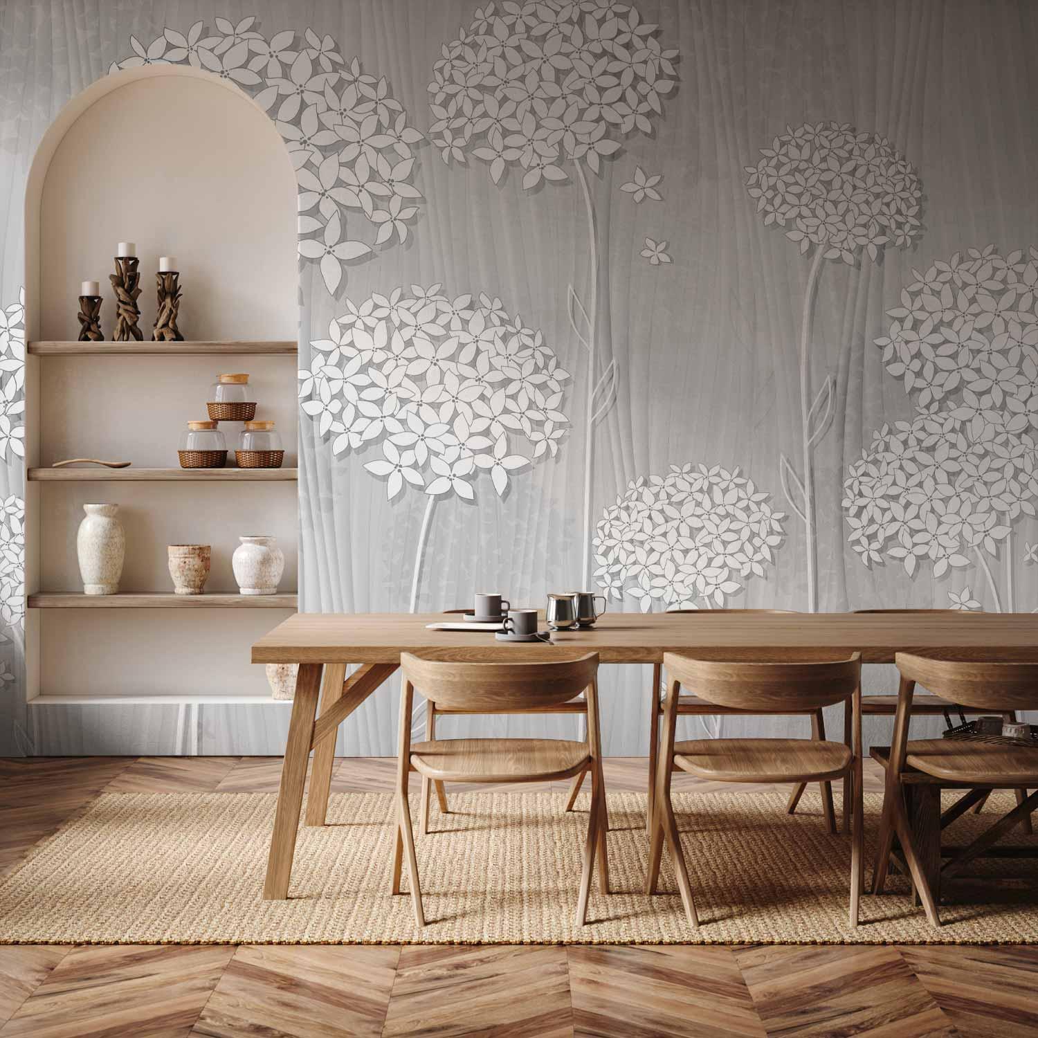 Fototapet Delikat Skygge med blomster i grå nuancer - 400 x 280 cm - Vandtæt