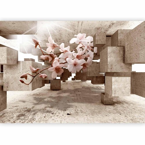 Fototapet Små Mirakler - blomster fototapet med orkidé og 3D betonmotiv