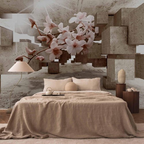 Fototapet Små Mirakler - blomster fototapet med orkidé og 3D betonmotiv