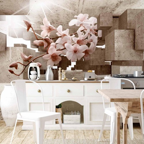Fototapet Små Mirakler - blomster fototapet med orkidé og 3D betonmotiv
