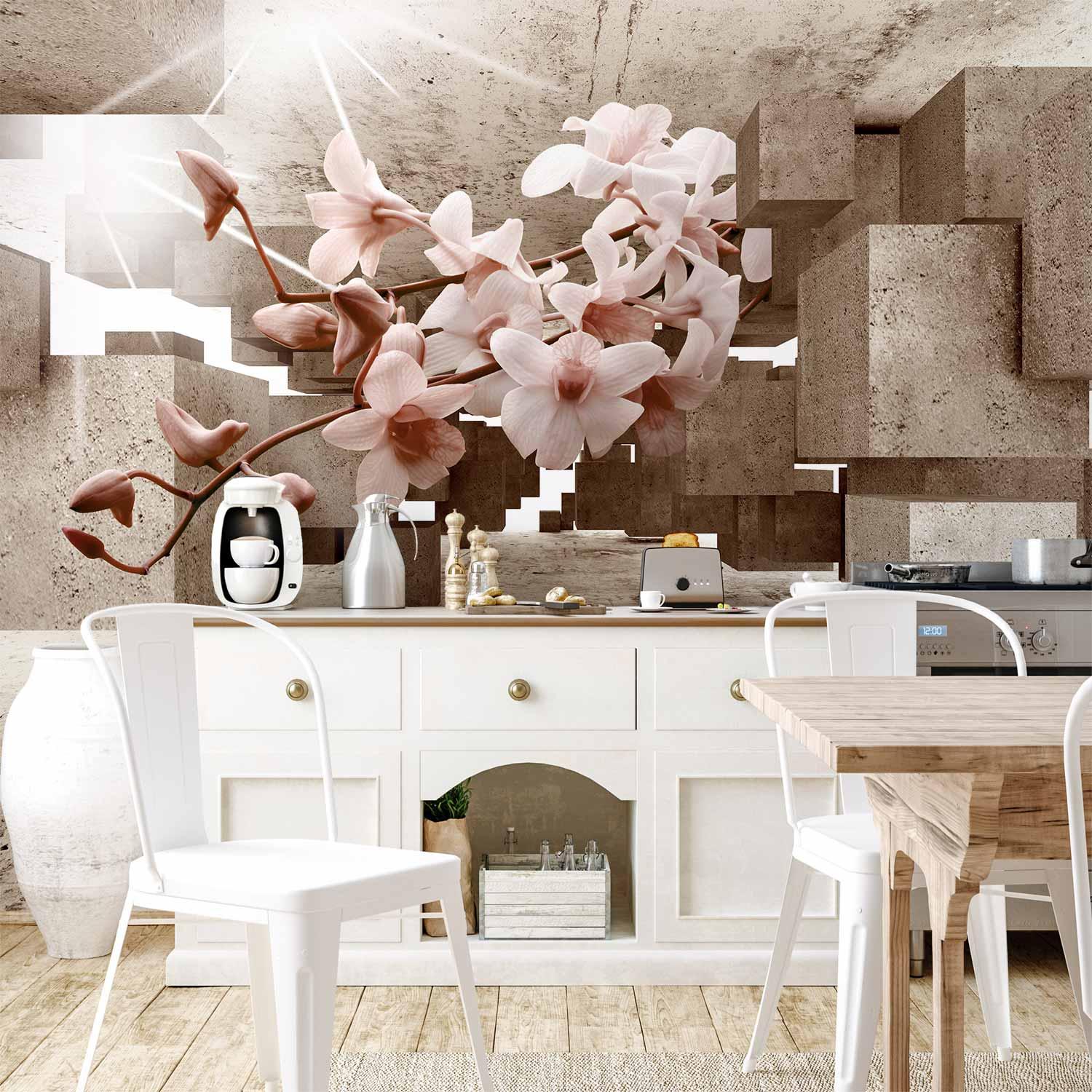 Fototapet Små Mirakler - blomster fototapet med orkidé og 3D betonmotiv - 400 x 280 cm - Vandtæt