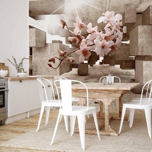 Fototapet Små Mirakler - blomster fototapet med orkidé og 3D betonmotiv