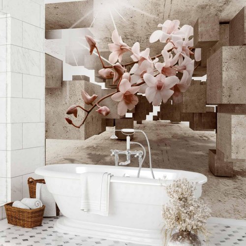 Fototapet Små Mirakler - blomster fototapet med orkidé og 3D betonmotiv