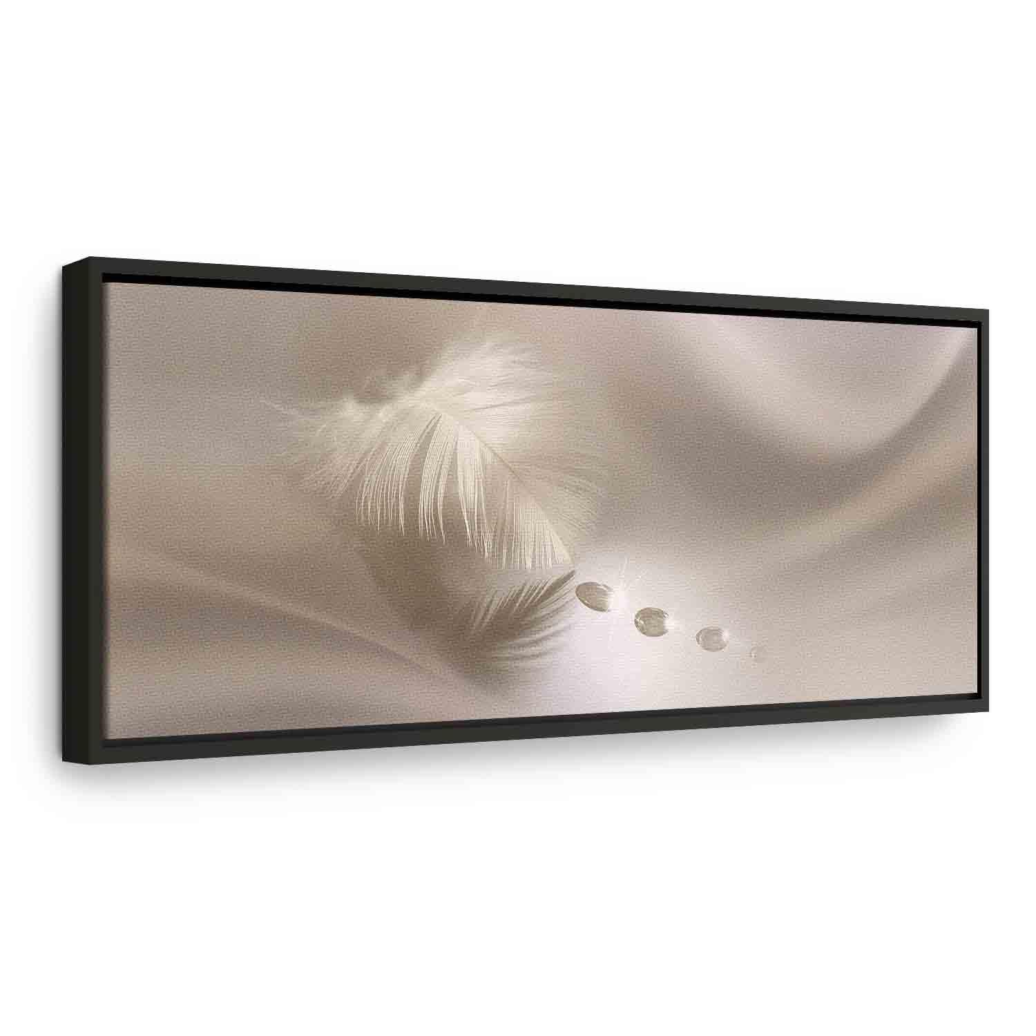 Lærredsbillede Delikat Fjer - abstrakt vægkunst i flere størrelser - 90 x 30 cm - I en sort træramme